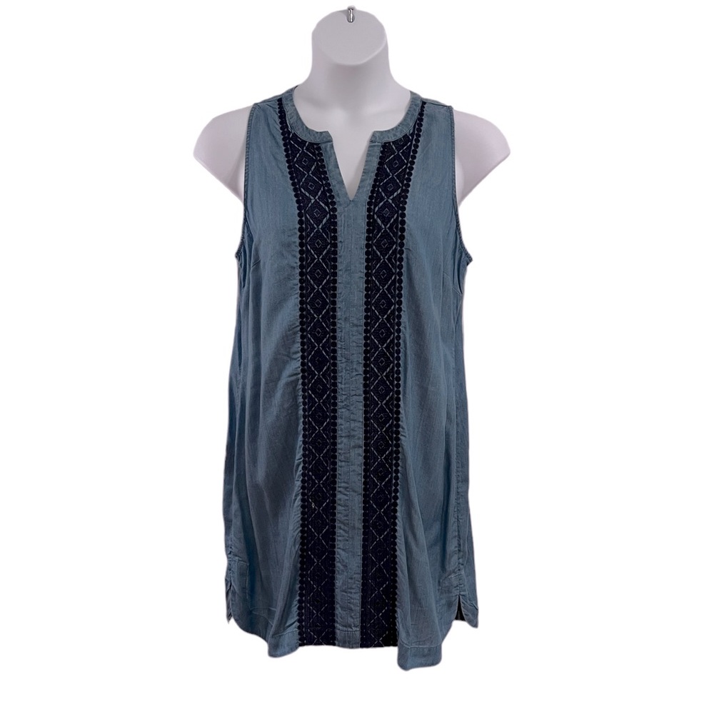 Crown & Ivy Sleeveless Tencel Split Neck Shift with Embroidered Trim Size 12 EUC